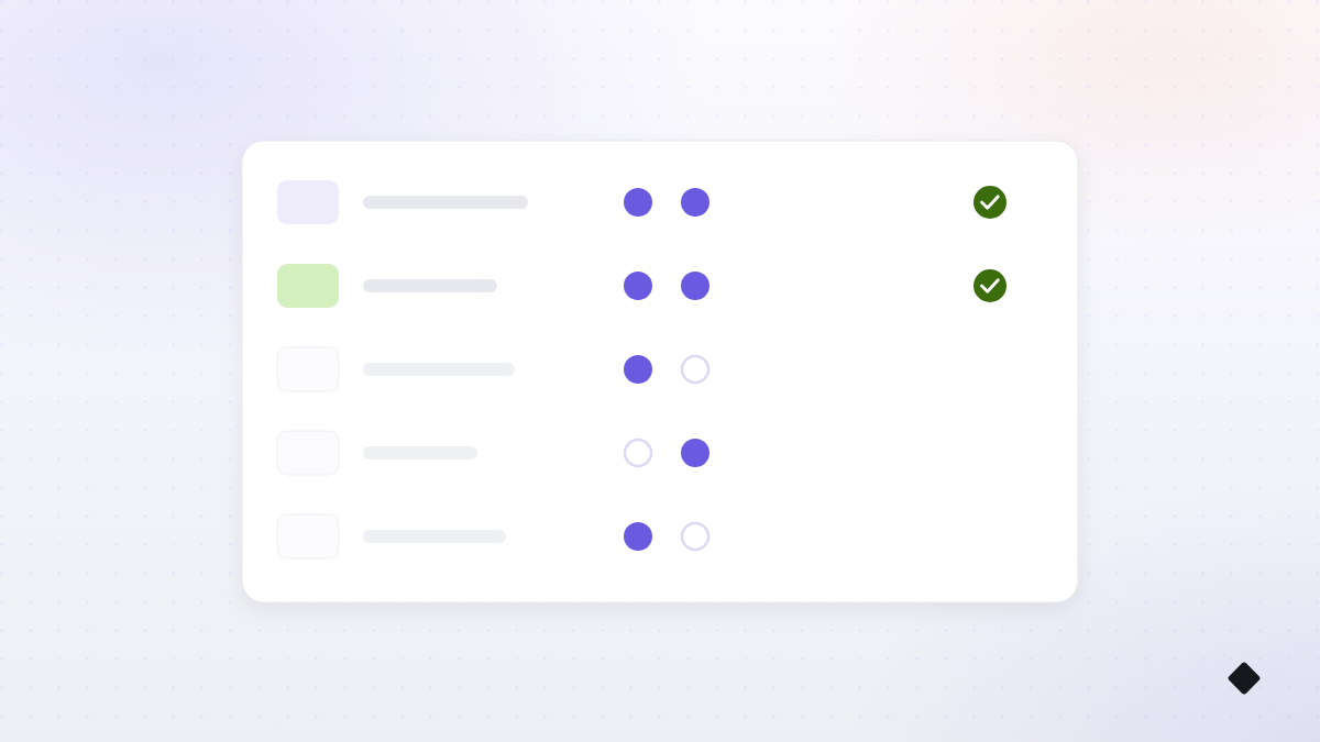 Two filters drawn in Postd's style: five candidate platform rows each facing a pair of gates, with approval checks only on the two rows that clear both of them.