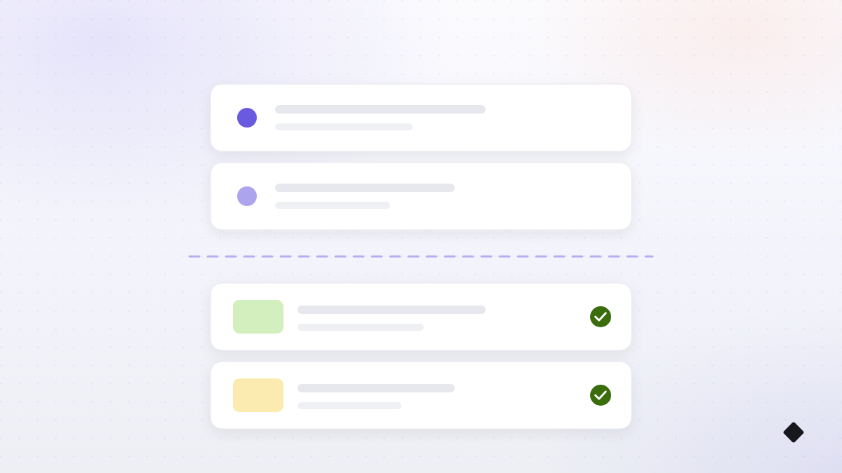 The four layers of posting drawn in Postd's style: two judgment rows marked with a purple dot above a dashed line, and two delivery rows below it carrying approval checks.